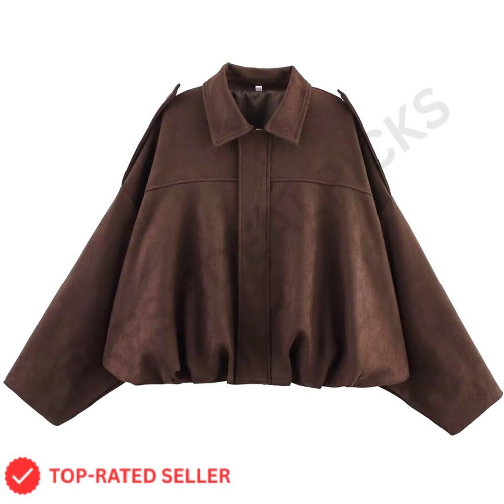 Oversized Faux Suede Bomber Jacket Lapel Zip Up Streetwear Outerwear